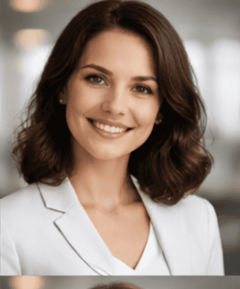 Mujer sonriendo en un ambiente profesional, conectada con información académica y servicios universitarios.